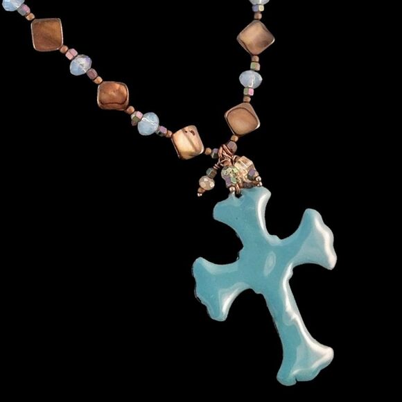 Handcrafted Turquoise Enamel Cross MOP & Copper Crystal Bead Necklace - NEW